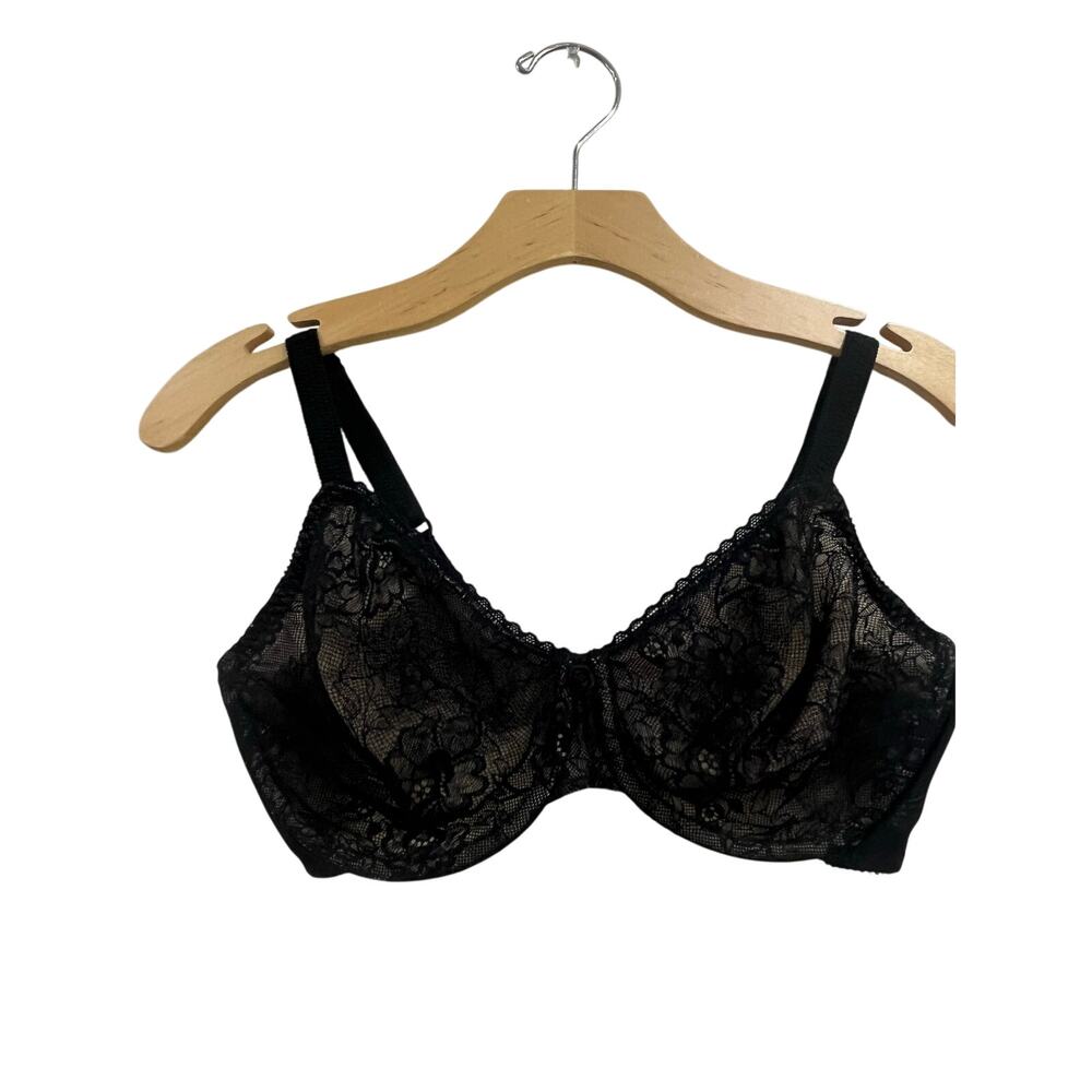 Vintage Olga Black Lace Bra 36D Sheer Unlined Underwire Retro